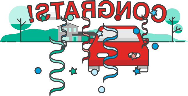 Pictogram of a red car with congrats in the sky and confetti streamers raining down.